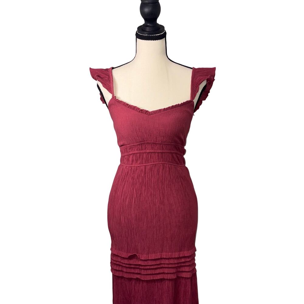 Max+Ash feminine cottagecore Pleated Tiered Midi Dress Rose Pink Flutter Sleeve